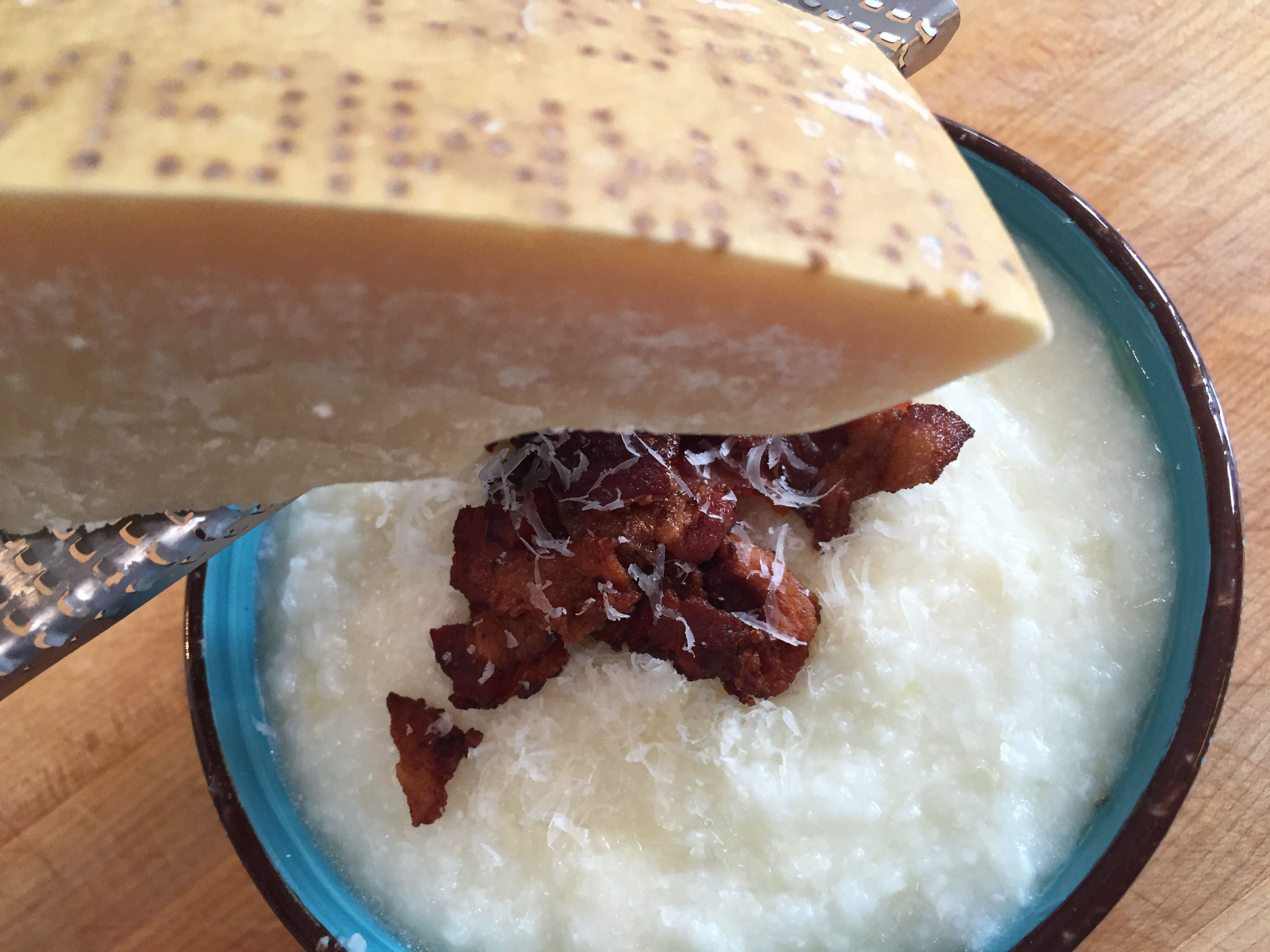 Hominy grits with fresh mozzarella, parmesan and bacon