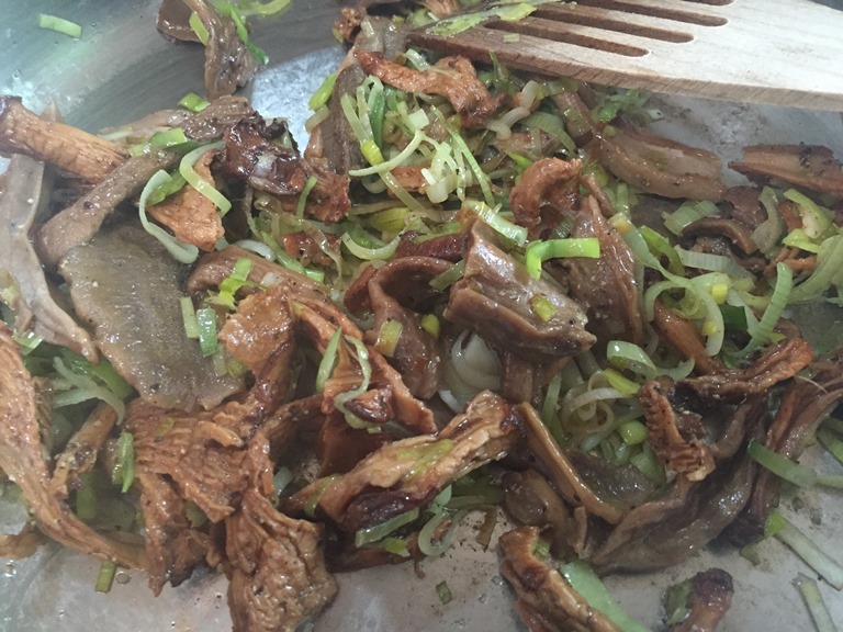 Leeks and Mushrooms in sautee pan