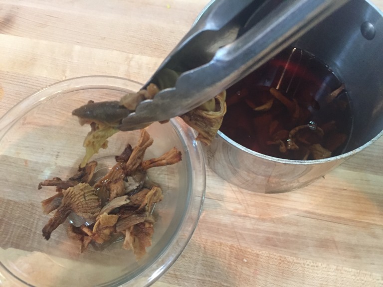 Soaking Porcini and Chanterelle mushrooms finished