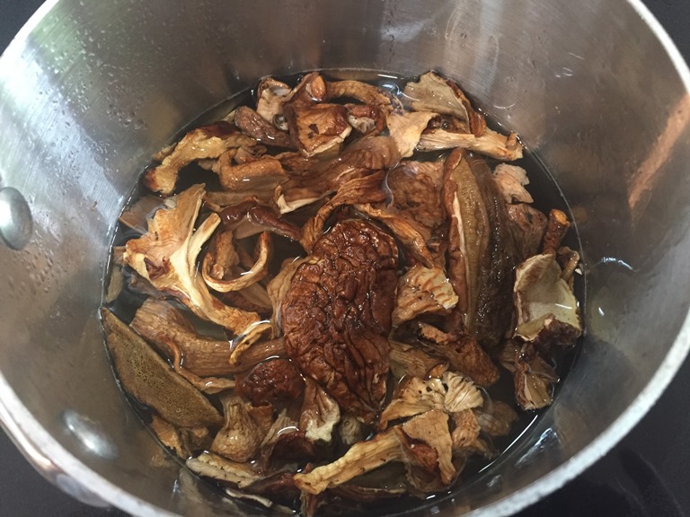 Soaking Porcini and Chanterelle Mushrooms