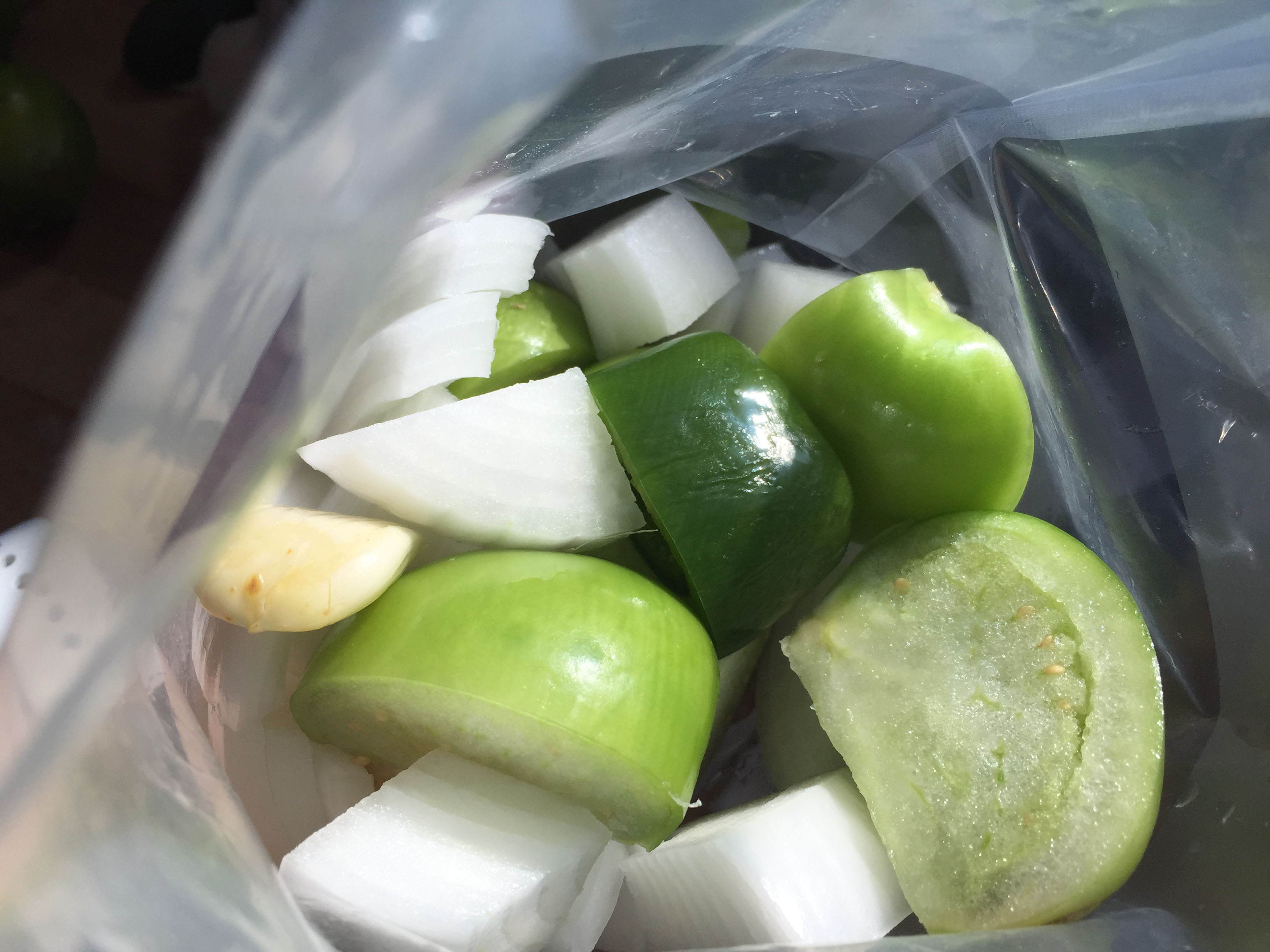 Tomatillo salsa ingredients in vacuum bag